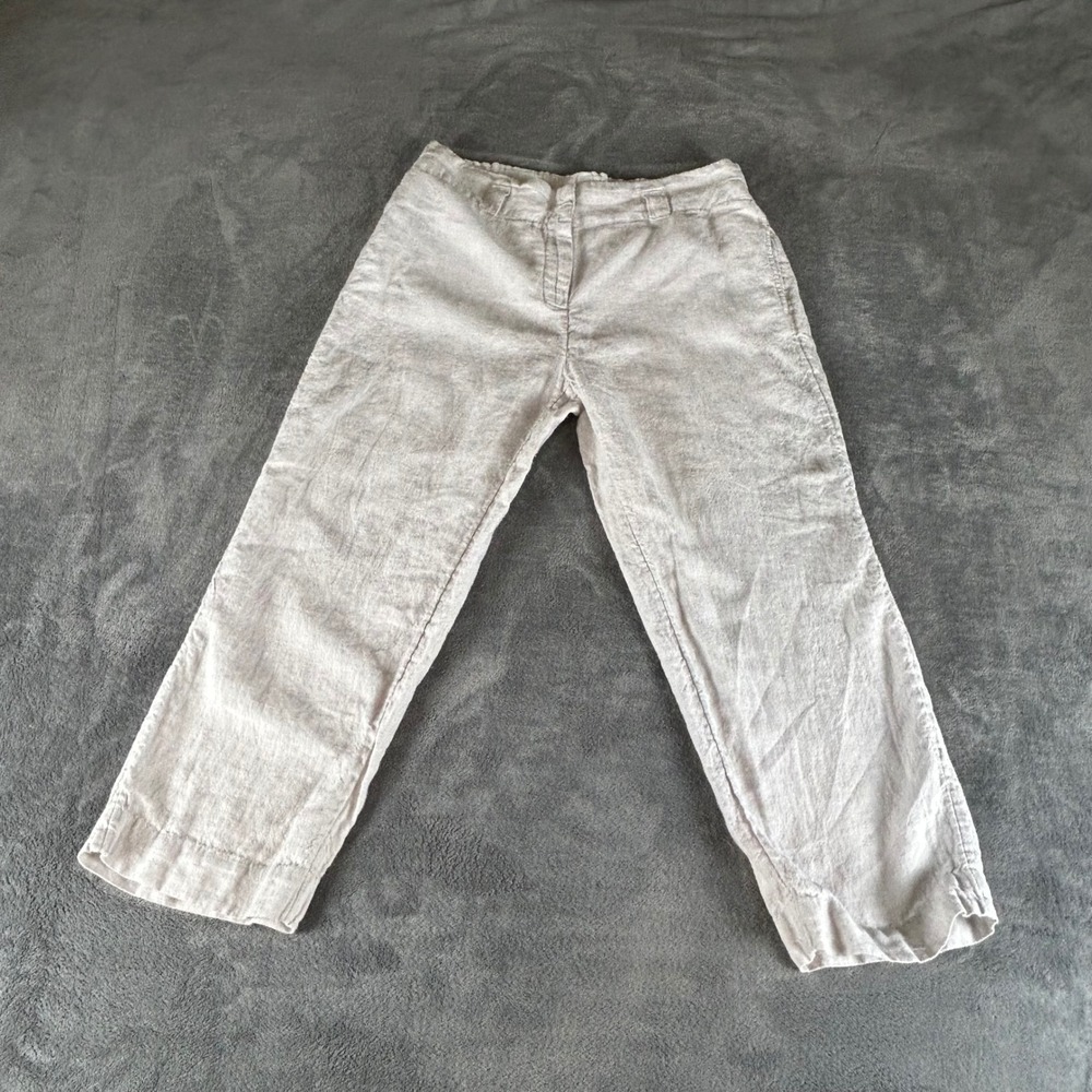 Chicos 100% Linen Capri Pants Womens 1 US 8 Beige Straight Leg Elastic Back Crop